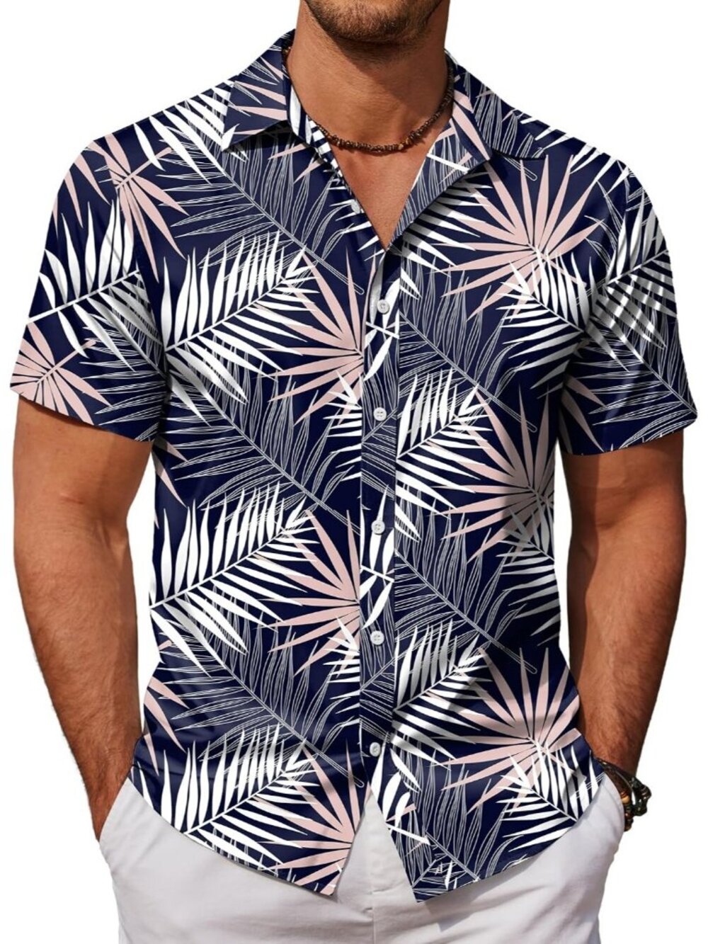 Men's Navy Blue Palm Leaves Hawaiian Short Sleeve Beach Casual Button Down Shirt